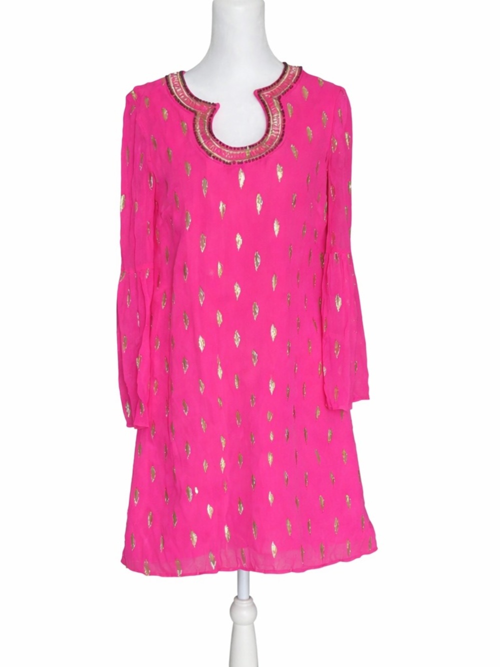 Lilly Pulitzer Amory Silk Dress Pink Gold Metallic Shift Bell Sleeve Size 2